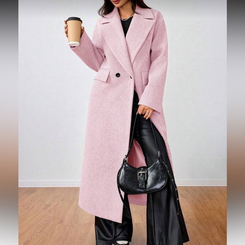 Luxury Longline Peacoat Full Length Double Breasted Winter Coat baby pink - Picture 2 of 5
